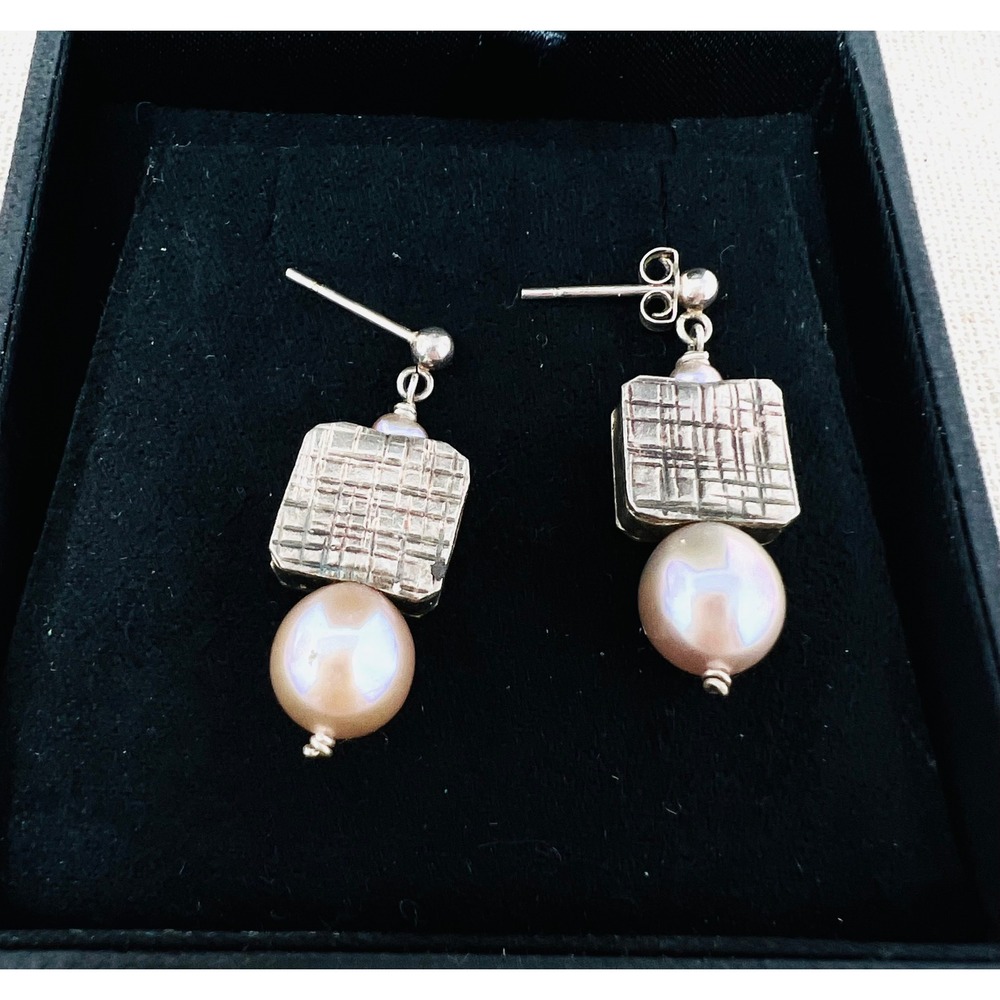 Sterling Silver Textured Square & Pink Freshwater Pearl Drop Earrings